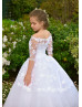 Elbow Sleeve Off Shoulder White Lace Tulle Flower Girl Dress